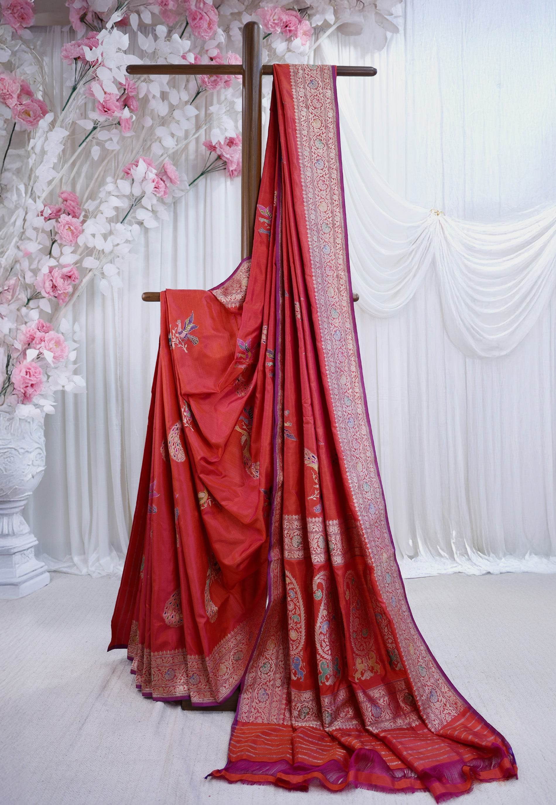 Cross Pink Minakari Kadwa Katan Pure Silk Banarasi Saree with Blouse Piece - Adi Akshoy & Co.