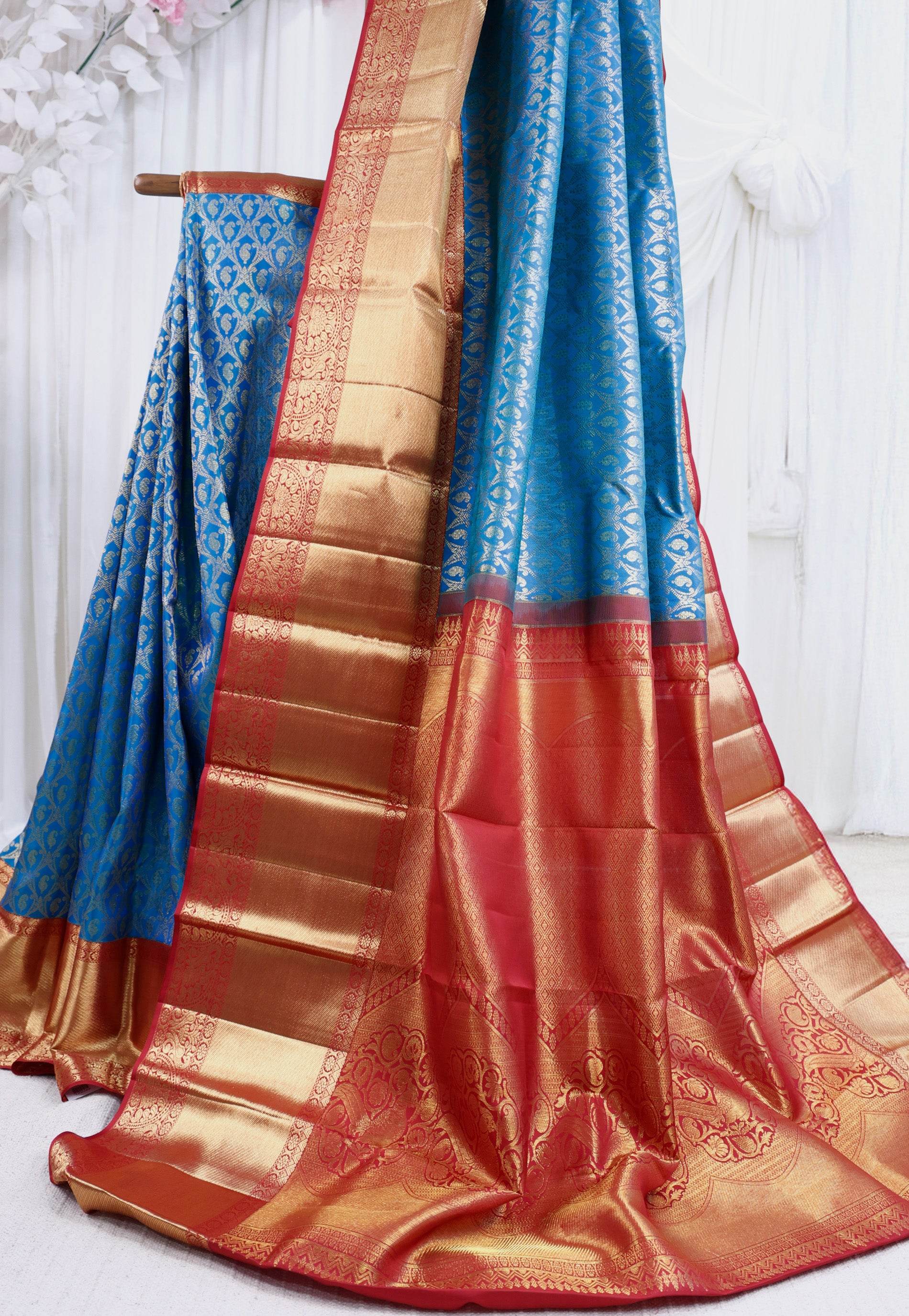 Royal Blue Brocade with Red Border Kanjivaram Silk Saree With Blouse Piece - Adi Akshoy & Co.