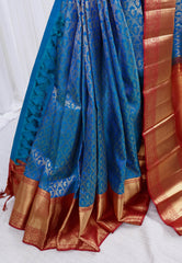 Royal Blue Brocade with Red Border Kanjivaram Silk Saree With Blouse Piece - Adi Akshoy & Co.
