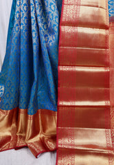 Royal Blue Brocade with Red Border Kanjivaram Silk Saree With Blouse Piece - Adi Akshoy & Co.