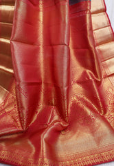 Royal Blue Brocade with Red Border Kanjivaram Silk Saree With Blouse Piece - Adi Akshoy & Co.