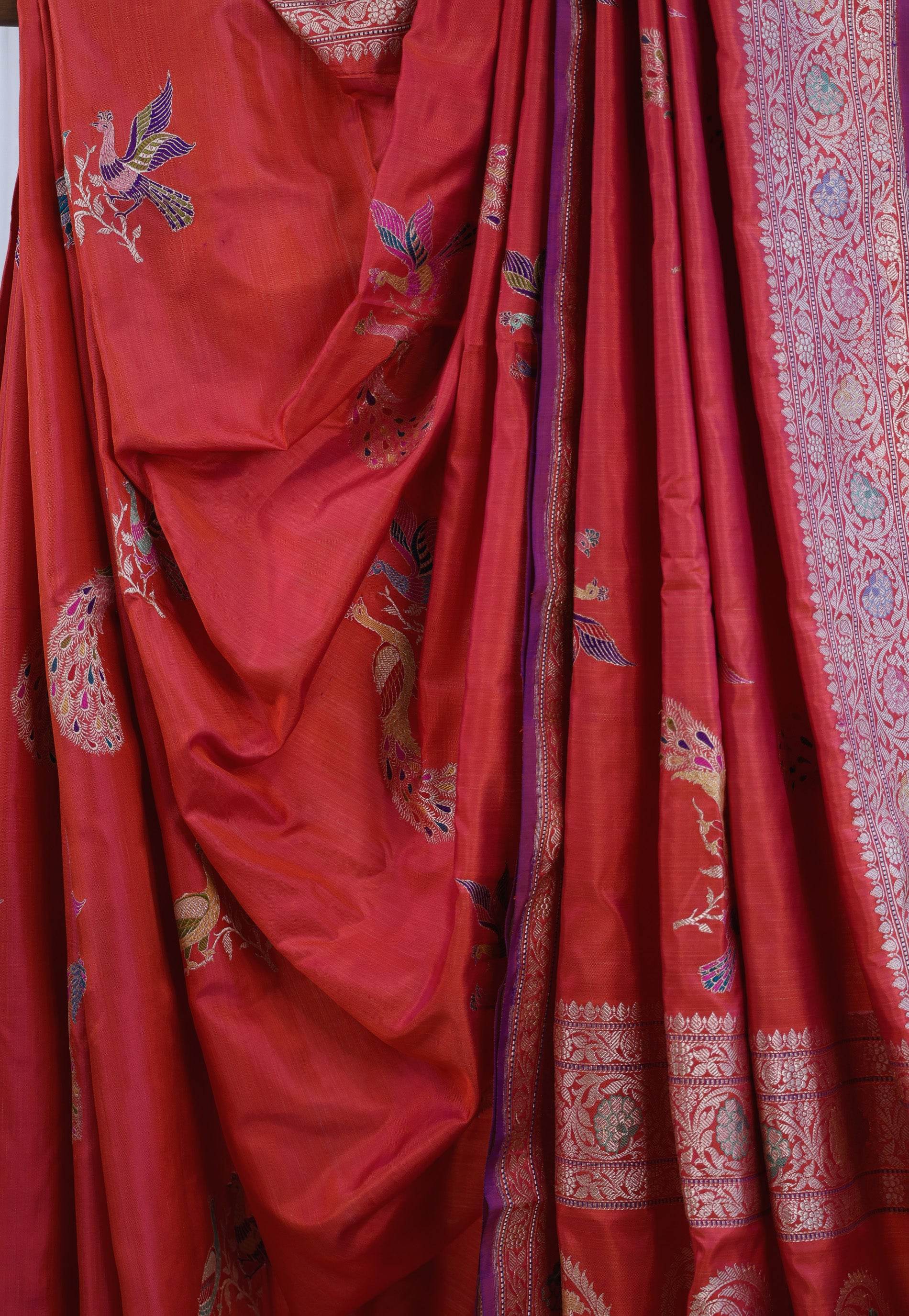 Cross Pink Minakari Kadwa Katan Pure Silk Banarasi Saree with Blouse Piece - Adi Akshoy & Co.