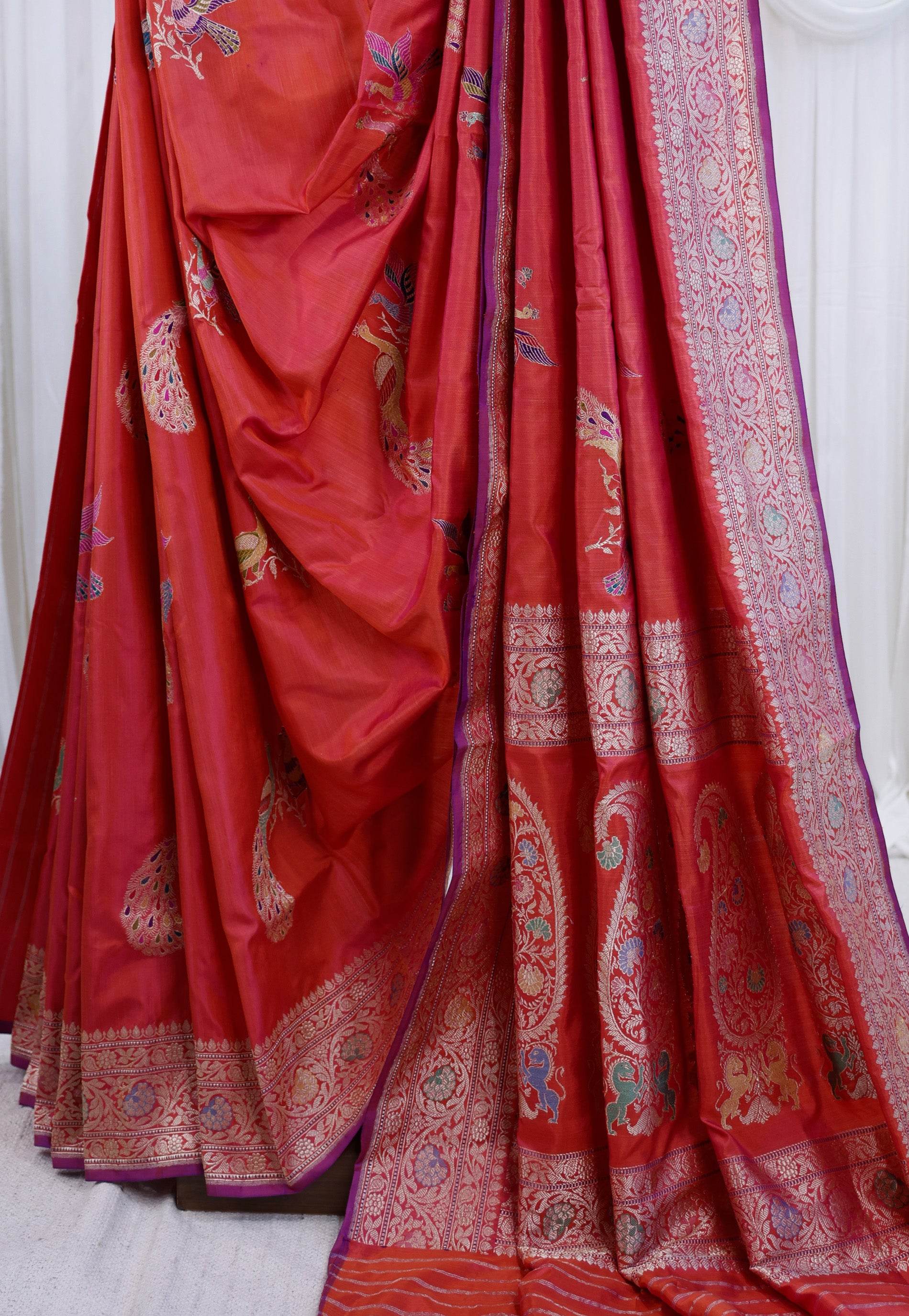 Cross Pink Minakari Kadwa Katan Pure Silk Banarasi Saree with Blouse Piece - Adi Akshoy & Co.
