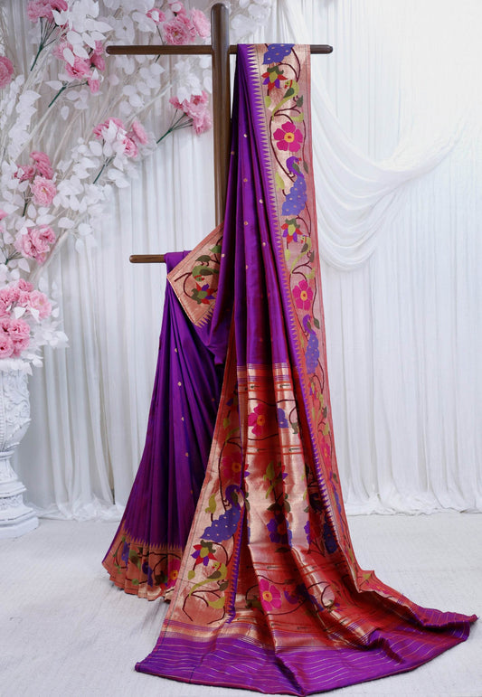 Cross Purple with Minakari Pure Zari Paithani Pure Silk Saree With Blouse Piece - Adi Akshoy & Co.