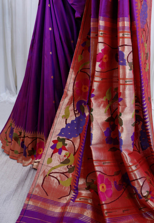 Cross Purple with Minakari Pure Zari Paithani Pure Silk Saree With Blouse Piece - Adi Akshoy & Co.