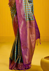 Sky Blue Kanjivaram Silk Saree with Blouse Piece - Adi Akshoy & Co.