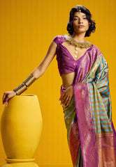Sky Blue Kanjivaram Silk Saree with Blouse Piece - Adi Akshoy & Co.