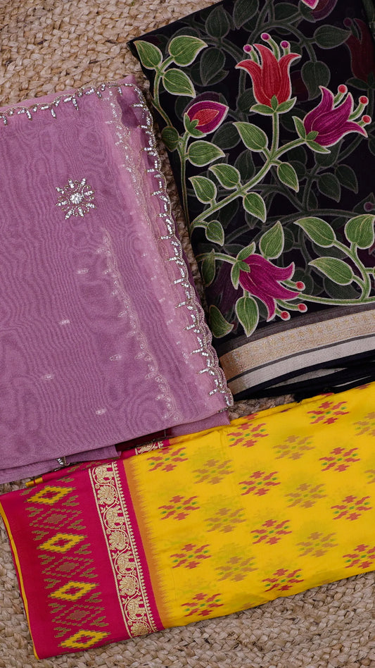 Combo of 3 - Ikkat, Kora & Embroidery Sarees