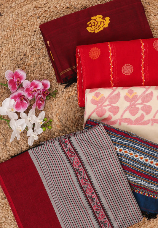 Combo of 5 Handloom Sarees- Maroon, Red, Off White, Turquoise Blue & Grey