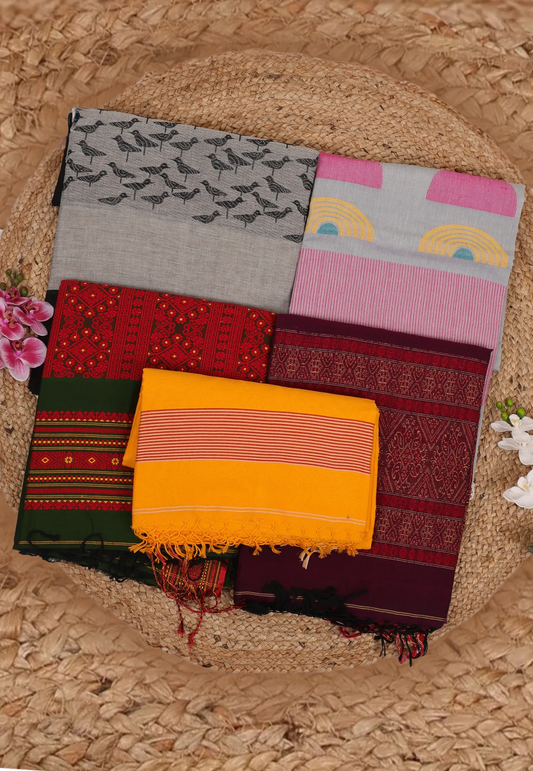 Combo of 5 Handloom - Grey , Grey, Green, Magenta & Yellow Sarees