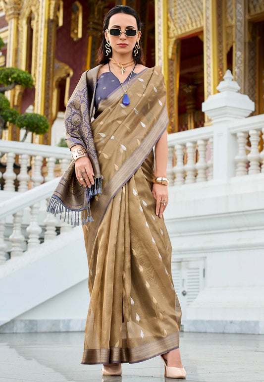 Golden Tissue Silk with Purple Border Saree with Blouse Piece - Adi Akshoy & Co.