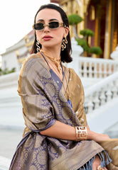 Golden Tissue Silk with Purple Border Saree with Blouse Piece - Adi Akshoy & Co.