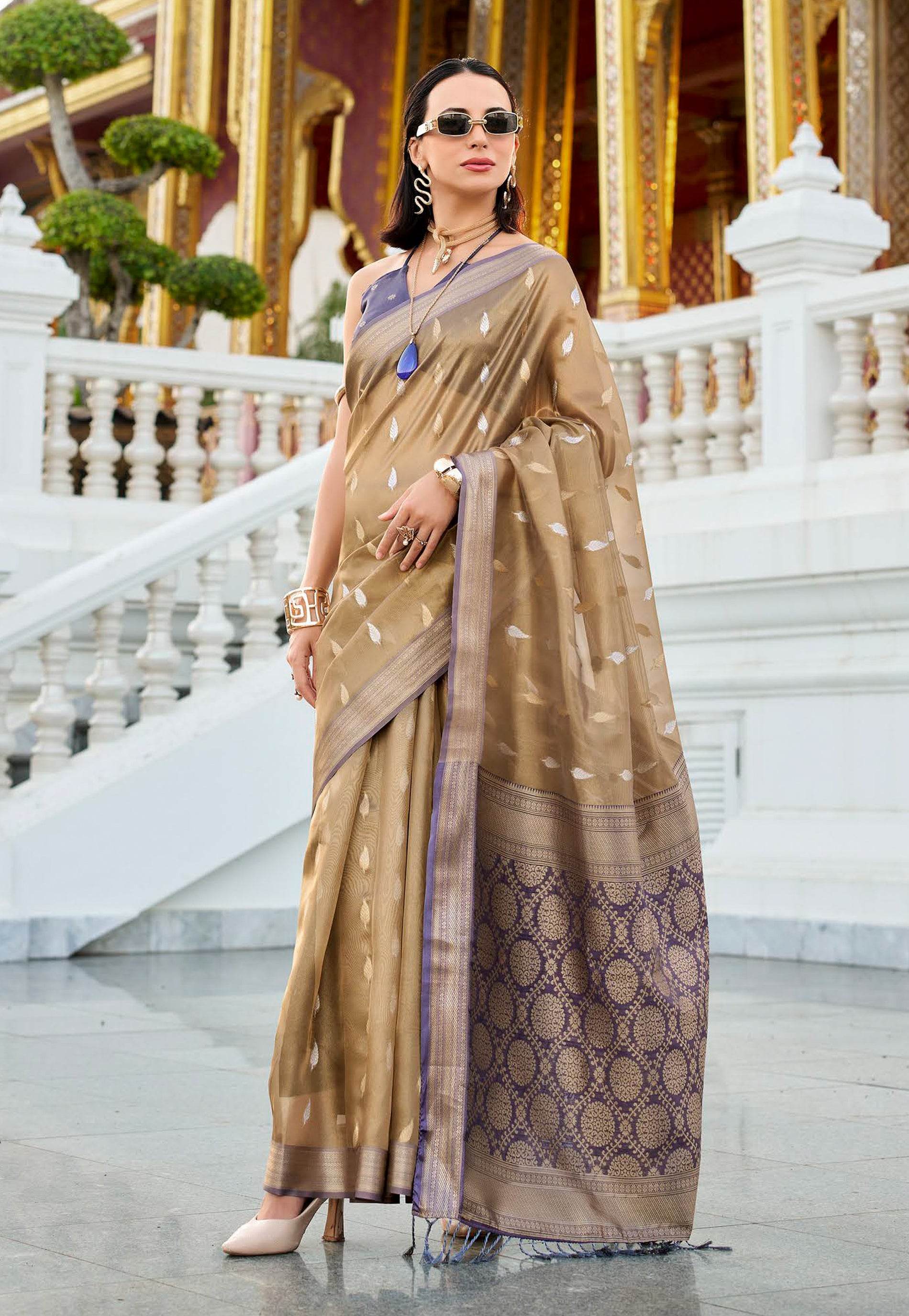 Golden Tissue Silk with Purple Border Saree with Blouse Piece - Adi Akshoy & Co.