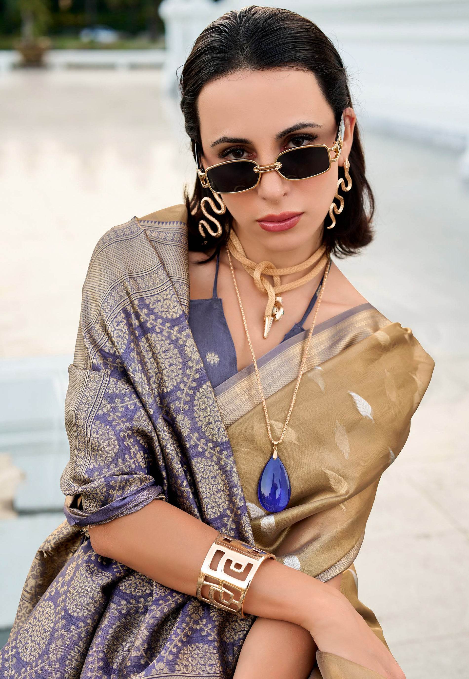 Golden Tissue Silk with Purple Border Saree with Blouse Piece - Adi Akshoy & Co.