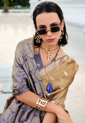 Golden Tissue Silk with Purple Border Saree with Blouse Piece - Adi Akshoy & Co.