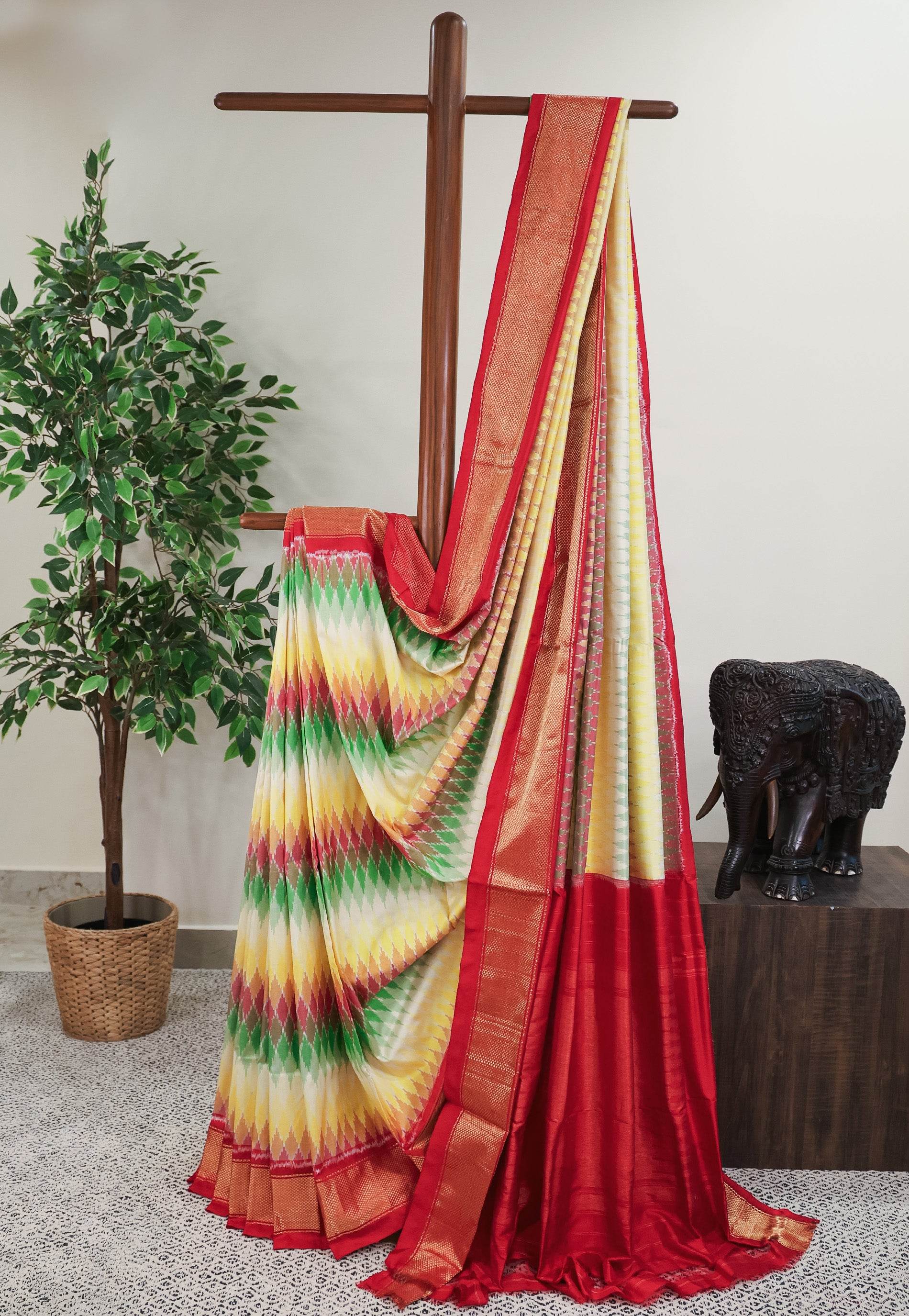 Multicolor with Red Border Ikkat Silk Saree With Blouse Piece - Adi Akshoy & Co.