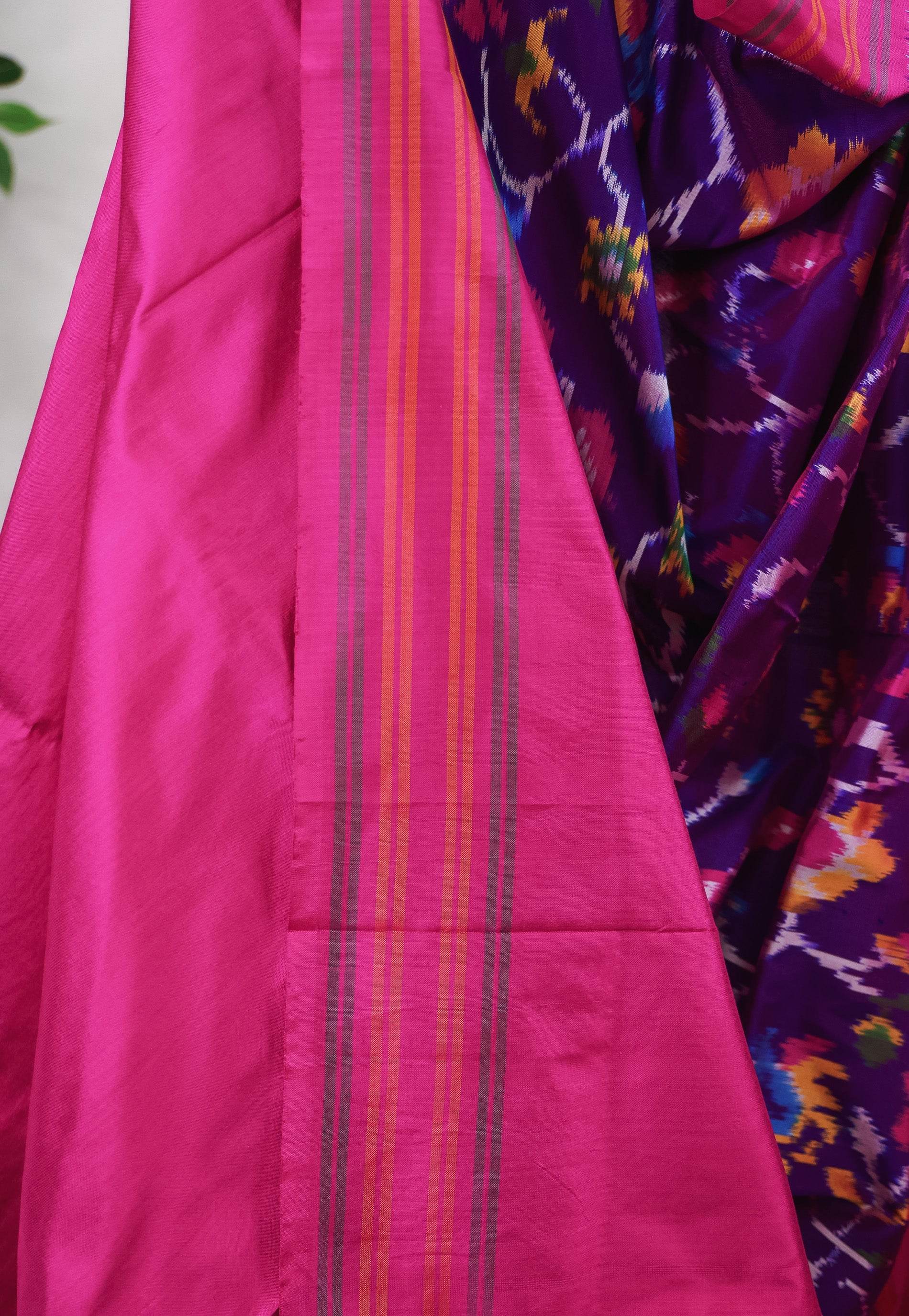 Purple Patola with Rani Pink Border Ikkat Silk Saree With Blouse Piece - Adi Akshoy & Co.
