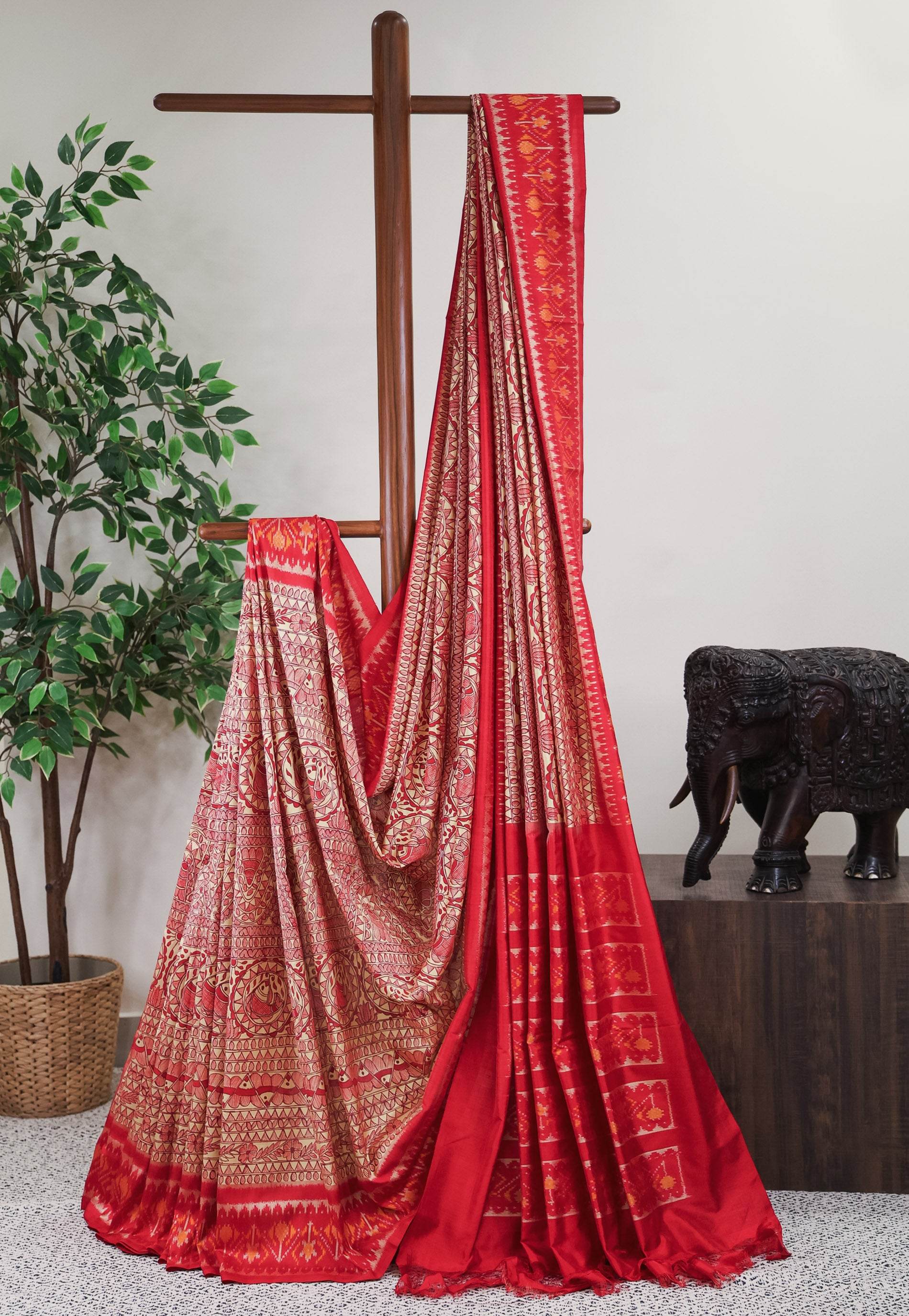 Tussar Colour Hand Madhubani Paint With Red Border Ikkat Pure Silk Saree With Blouse Piece - Adi Akshoy & Co.