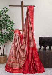 Tussar Colour Hand Madhubani Paint With Red Border Ikkat Pure Silk Saree With Blouse Piece - Adi Akshoy & Co.