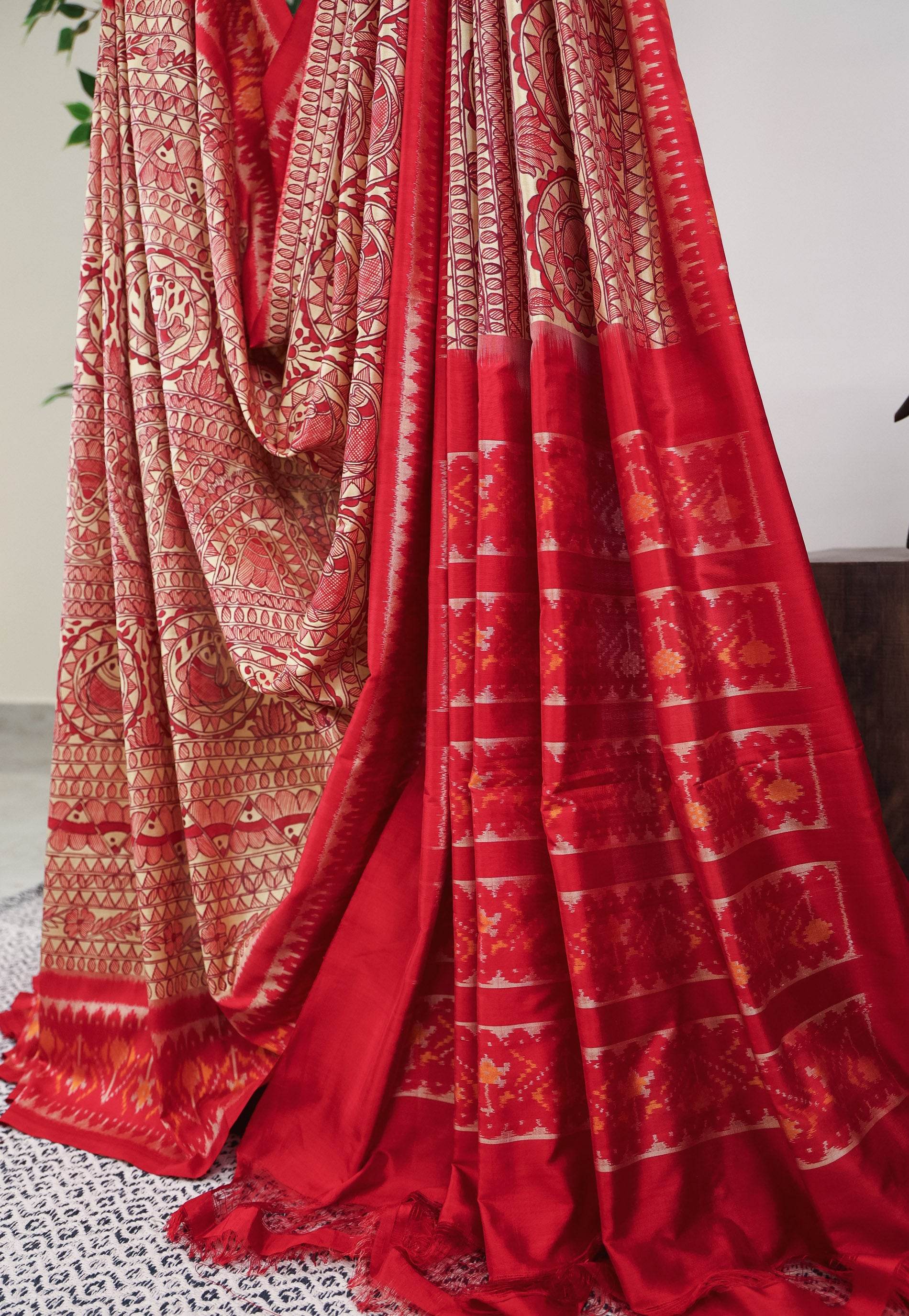 Tussar Colour Hand Madhubani Paint With Red Border Ikkat Pure Silk Saree With Blouse Piece - Adi Akshoy & Co.