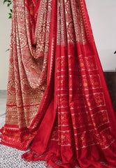 Tussar Colour Hand Madhubani Paint With Red Border Ikkat Pure Silk Saree With Blouse Piece - Adi Akshoy & Co.
