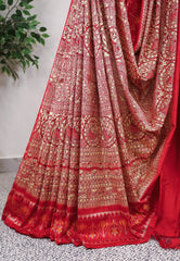 Tussar Colour Hand Madhubani Paint With Red Border Ikkat Pure Silk Saree With Blouse Piece - Adi Akshoy & Co.