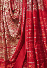 Tussar Colour Hand Madhubani Paint With Red Border Ikkat Pure Silk Saree With Blouse Piece - Adi Akshoy & Co.