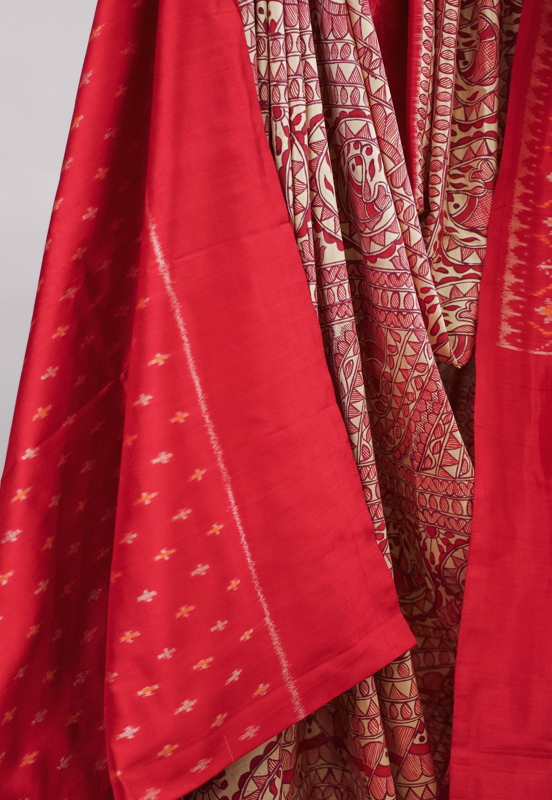 Tussar Colour Hand Madhubani Paint With Red Border Ikkat Pure Silk Saree With Blouse Piece - Adi Akshoy & Co.