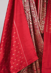 Tussar Colour Hand Madhubani Paint With Red Border Ikkat Pure Silk Saree With Blouse Piece - Adi Akshoy & Co.