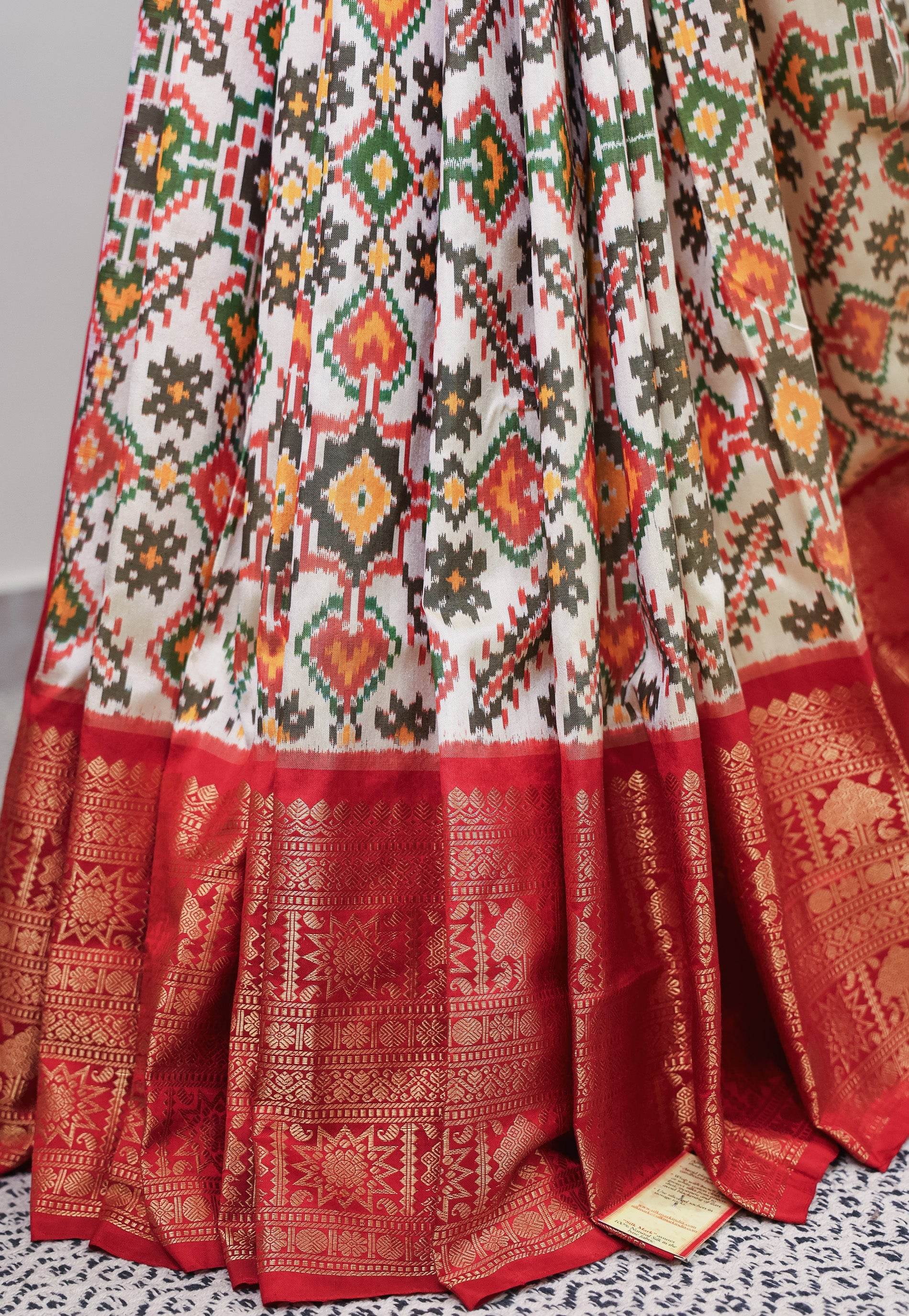 Off White Patola with Red Border Ikkat Pure Silk Saree With Blouse Piece - Adi Akshoy & Co.