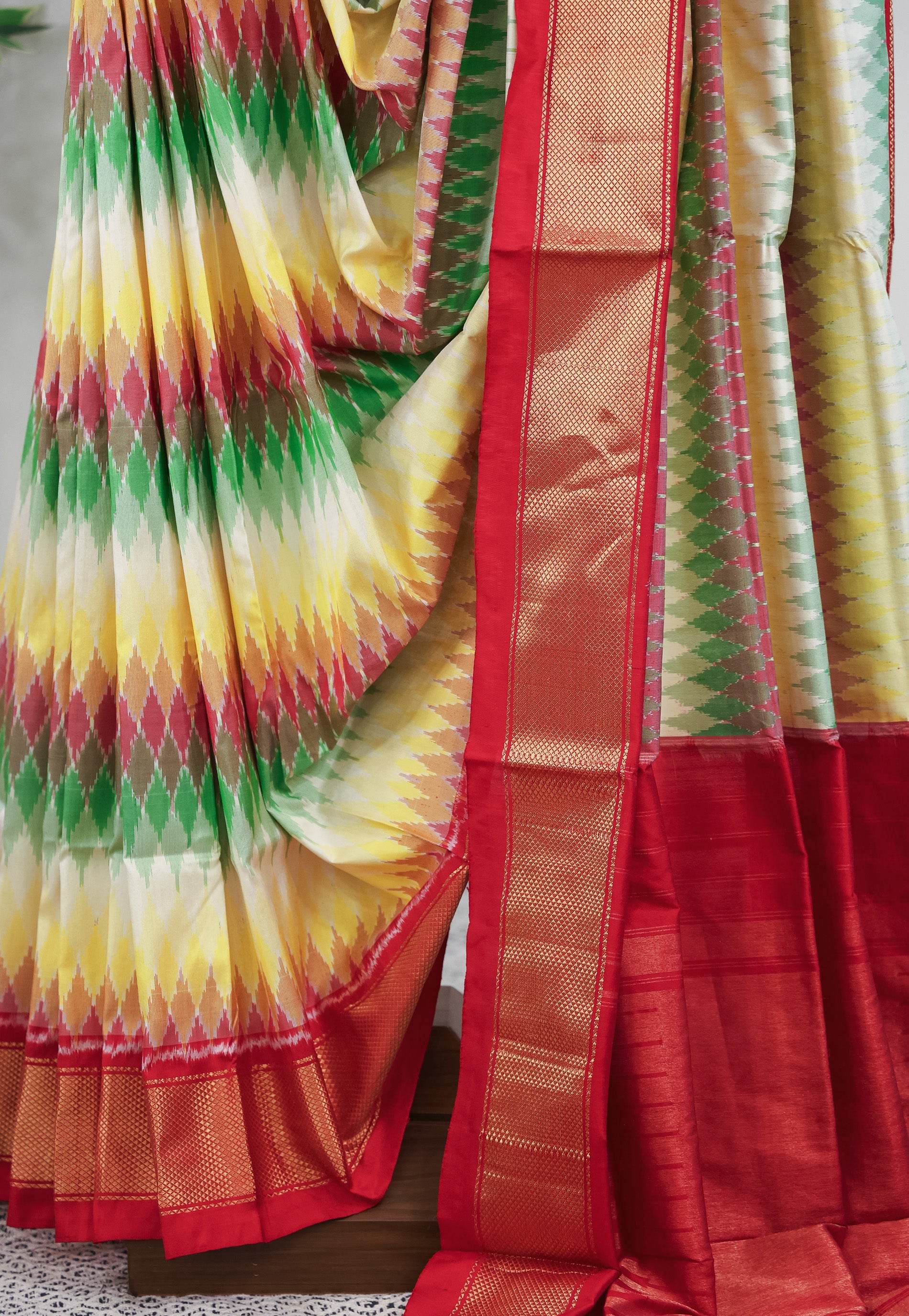 Multicolor with Red Border Ikkat Silk Saree With Blouse Piece - Adi Akshoy & Co.