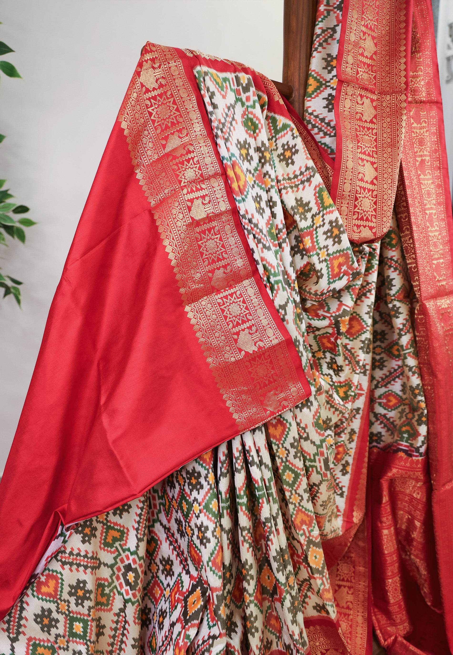 Off White Patola with Red Border Ikkat Pure Silk Saree With Blouse Piece - Adi Akshoy & Co.