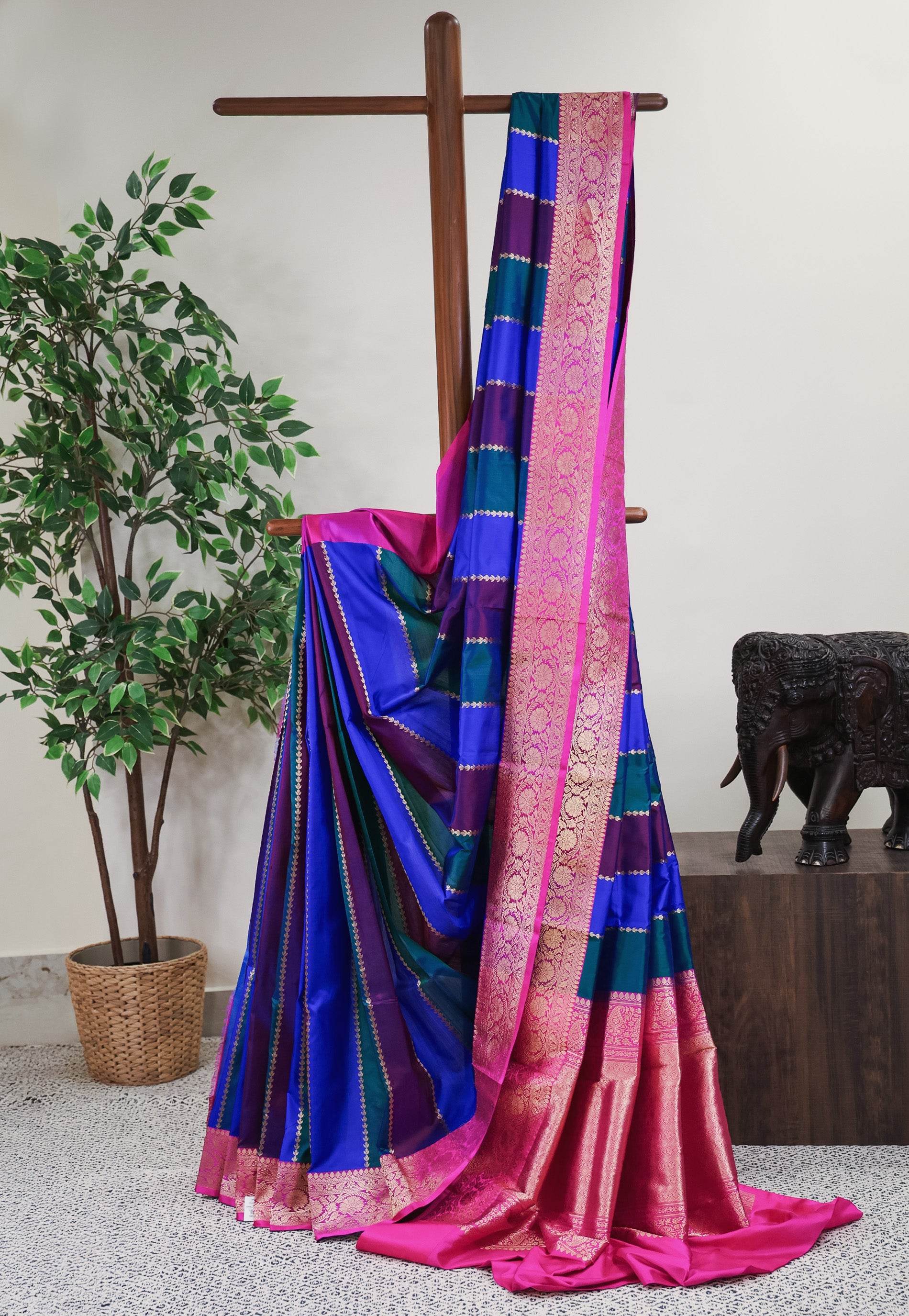 Multicolor Kadwa with Rani Pink Border Katan Pure Silk Saree With Blouse Piece - Adi Akshoy & Co.