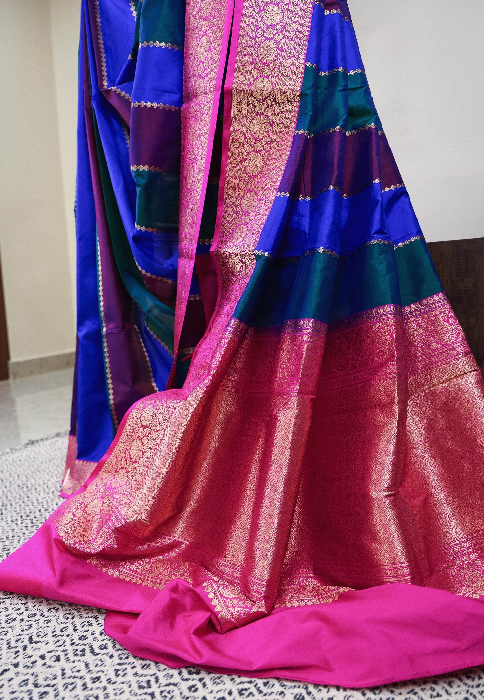 Multicolor Kadwa with Rani Pink Border Katan Pure Silk Saree With Blouse Piece - Adi Akshoy & Co.