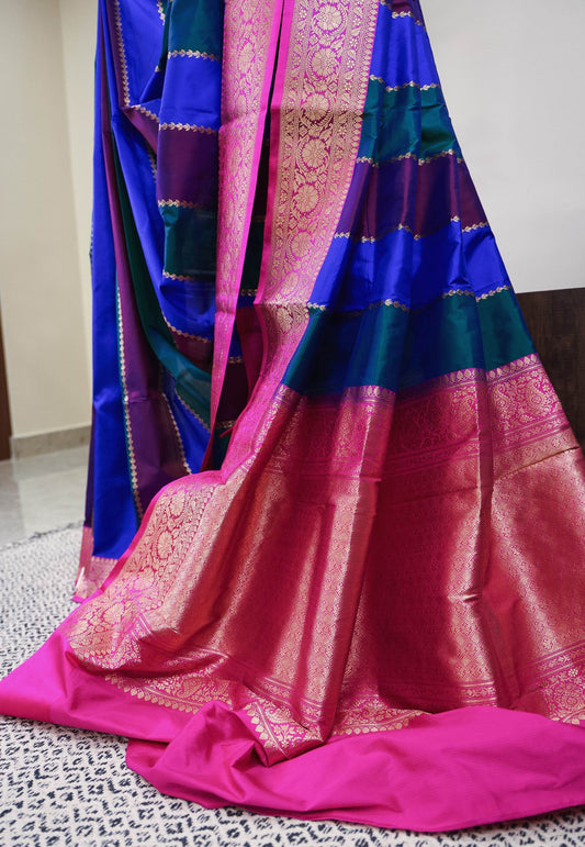 Multicolor Kadwa with Rani Pink Border Katan Pure Silk Saree With Blouse Piece - Adi Akshoy & Co.