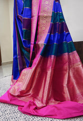 Multicolor Kadwa with Rani Pink Border Katan Pure Silk Saree With Blouse Piece - Adi Akshoy & Co.