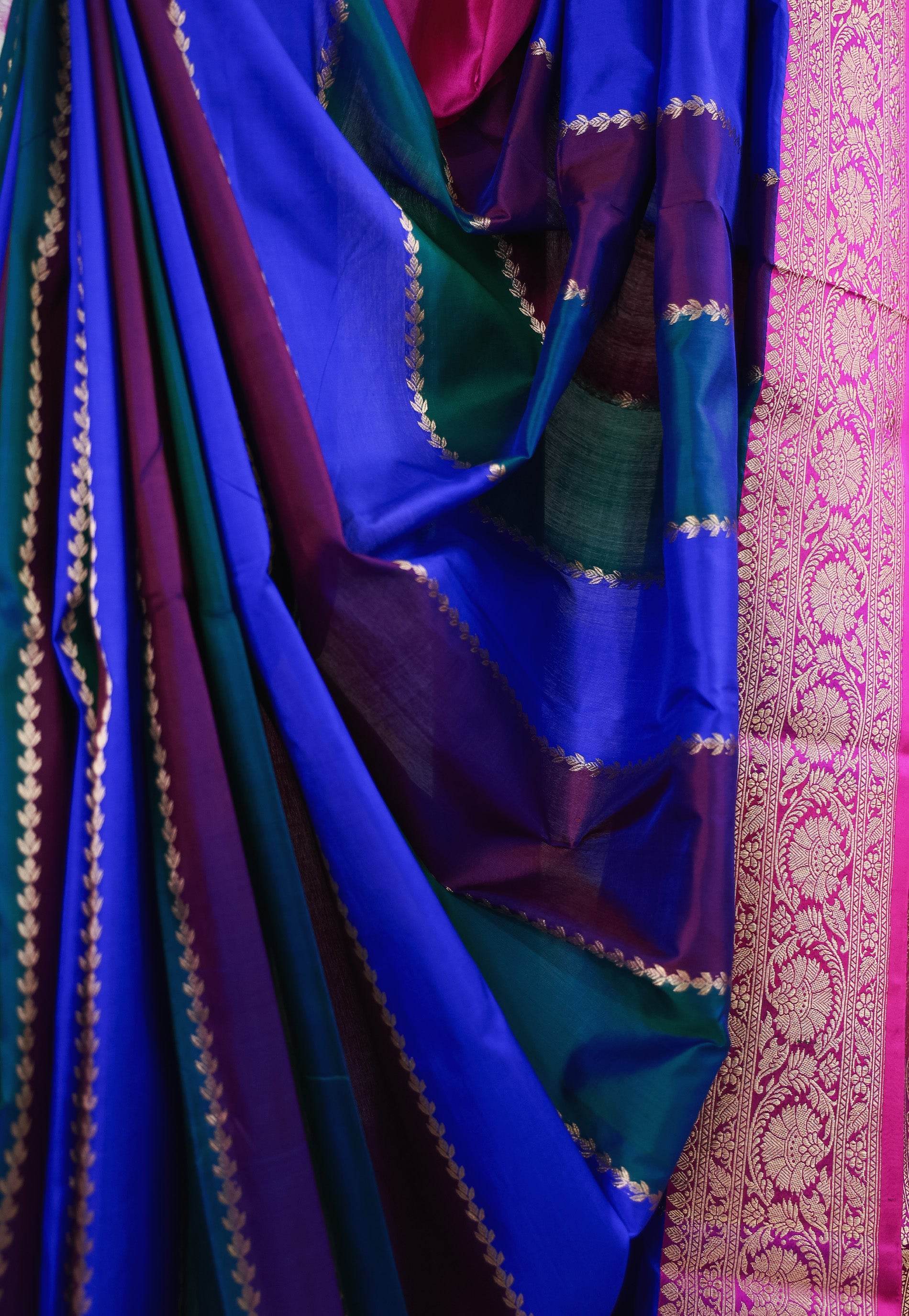Multicolor Kadwa with Rani Pink Border Katan Pure Silk Saree With Blouse Piece - Adi Akshoy & Co.
