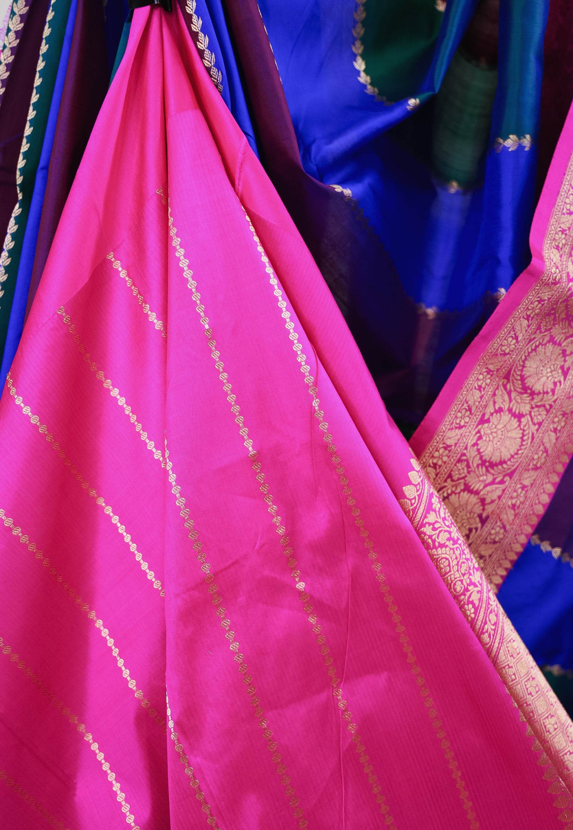 Multicolor Kadwa with Rani Pink Border Katan Pure Silk Saree With Blouse Piece - Adi Akshoy & Co.