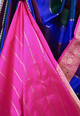 Multicolor Kadwa with Rani Pink Border Katan Pure Silk Saree With Blouse Piece - Adi Akshoy & Co.