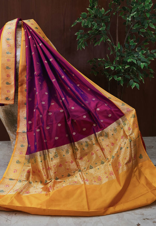 Magenta with Yellow Minakari Border Katan Pure Silk Saree With Blouse Piece - Adi Akshoy & Co.