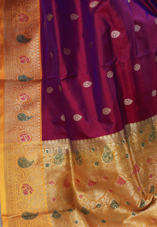 Magenta with Yellow Minakari Border Katan Pure Silk Saree With Blouse Piece - Adi Akshoy & Co.