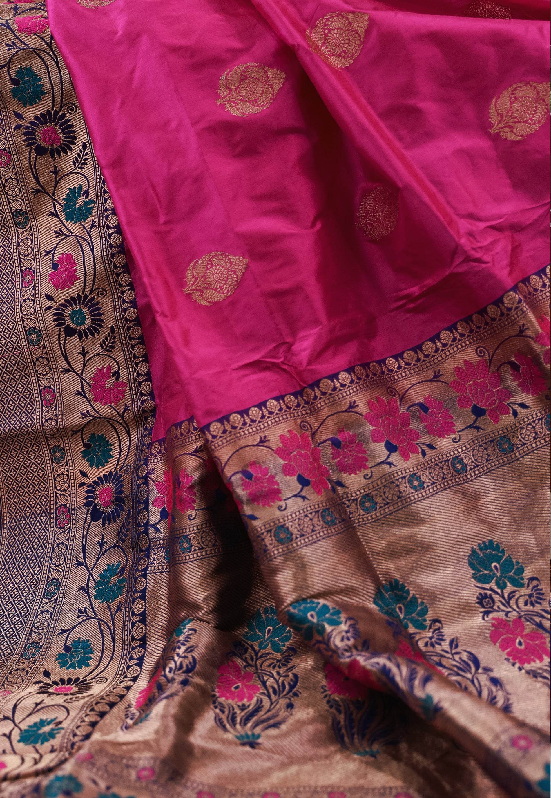 Rani Pink with Blue Minakari Border Katan Pure Silk Saree With Blouse Piece - Adi Akshoy & Co.