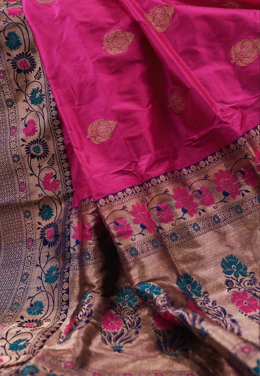 Rani Pink with Blue Minakari Border Katan Pure Silk Saree With Blouse Piece - Adi Akshoy & Co.