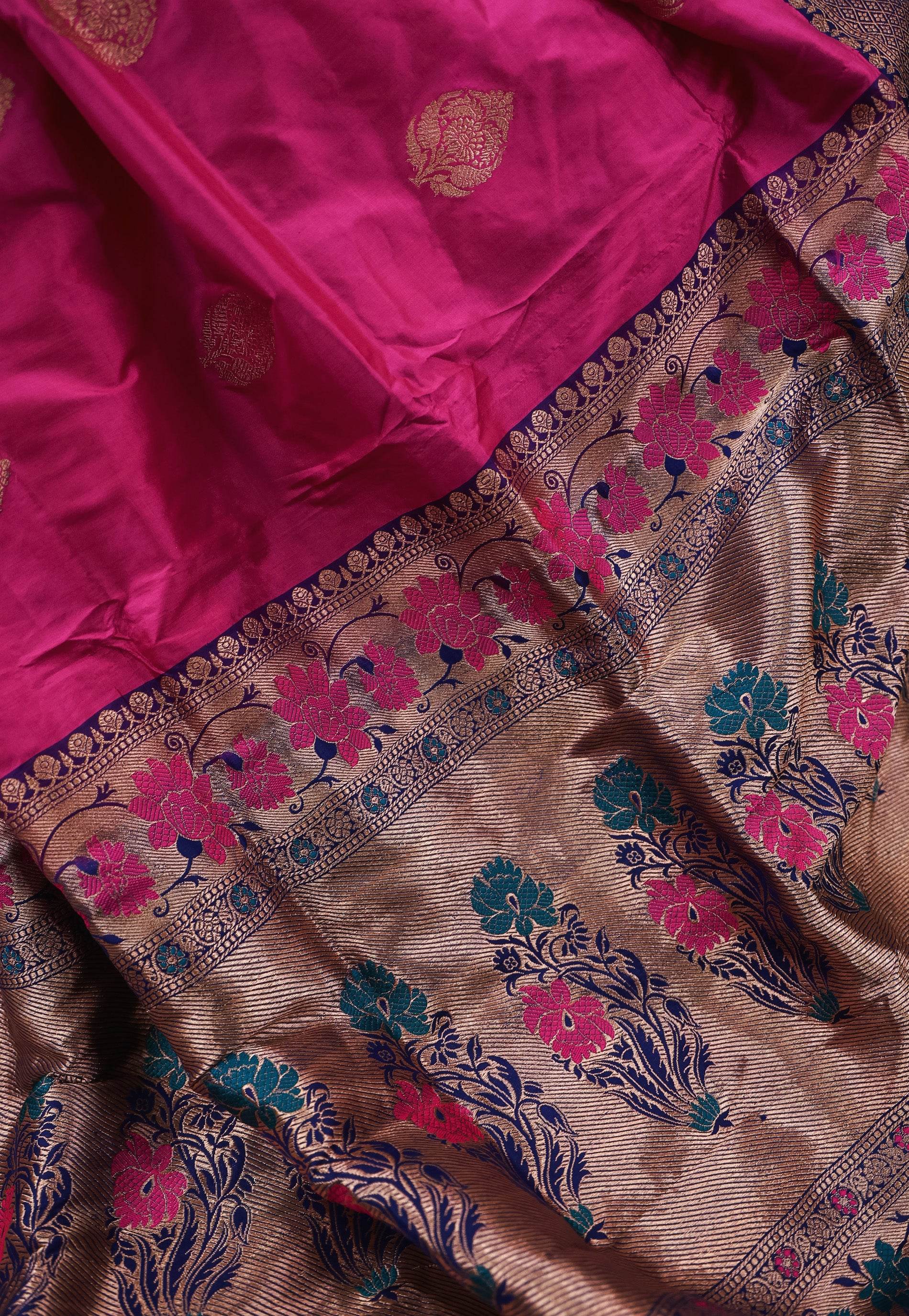 Rani Pink with Blue Minakari Border Katan Pure Silk Saree With Blouse Piece - Adi Akshoy & Co.