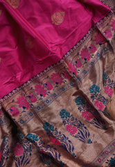 Rani Pink with Blue Minakari Border Katan Pure Silk Saree With Blouse Piece - Adi Akshoy & Co.