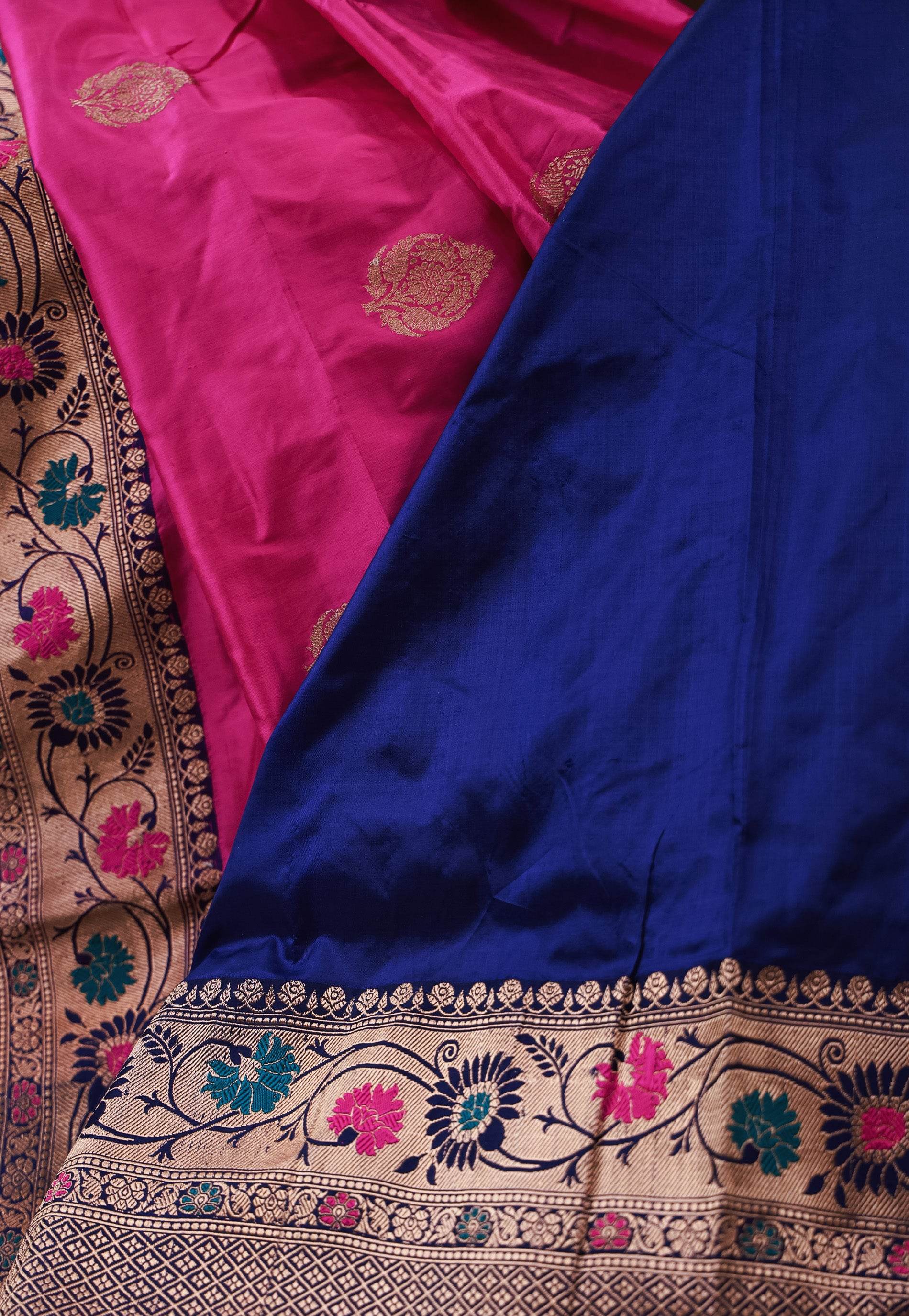Rani Pink with Blue Minakari Border Katan Pure Silk Saree With Blouse Piece - Adi Akshoy & Co.