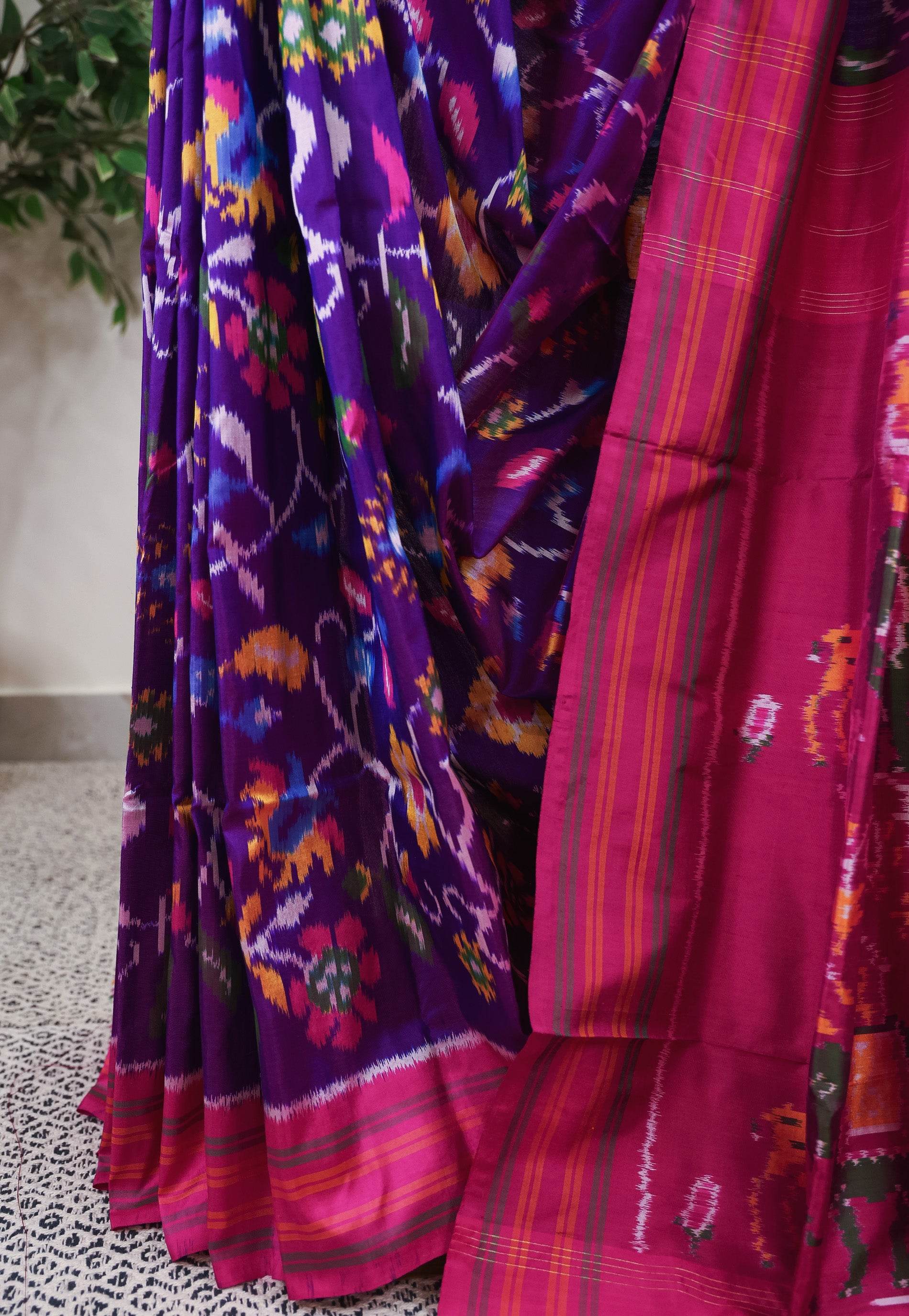 Purple Patola with Rani Pink Border Ikkat Silk Saree With Blouse Piece - Adi Akshoy & Co.