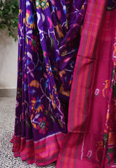Purple Patola with Rani Pink Border Ikkat Silk Saree With Blouse Piece - Adi Akshoy & Co.