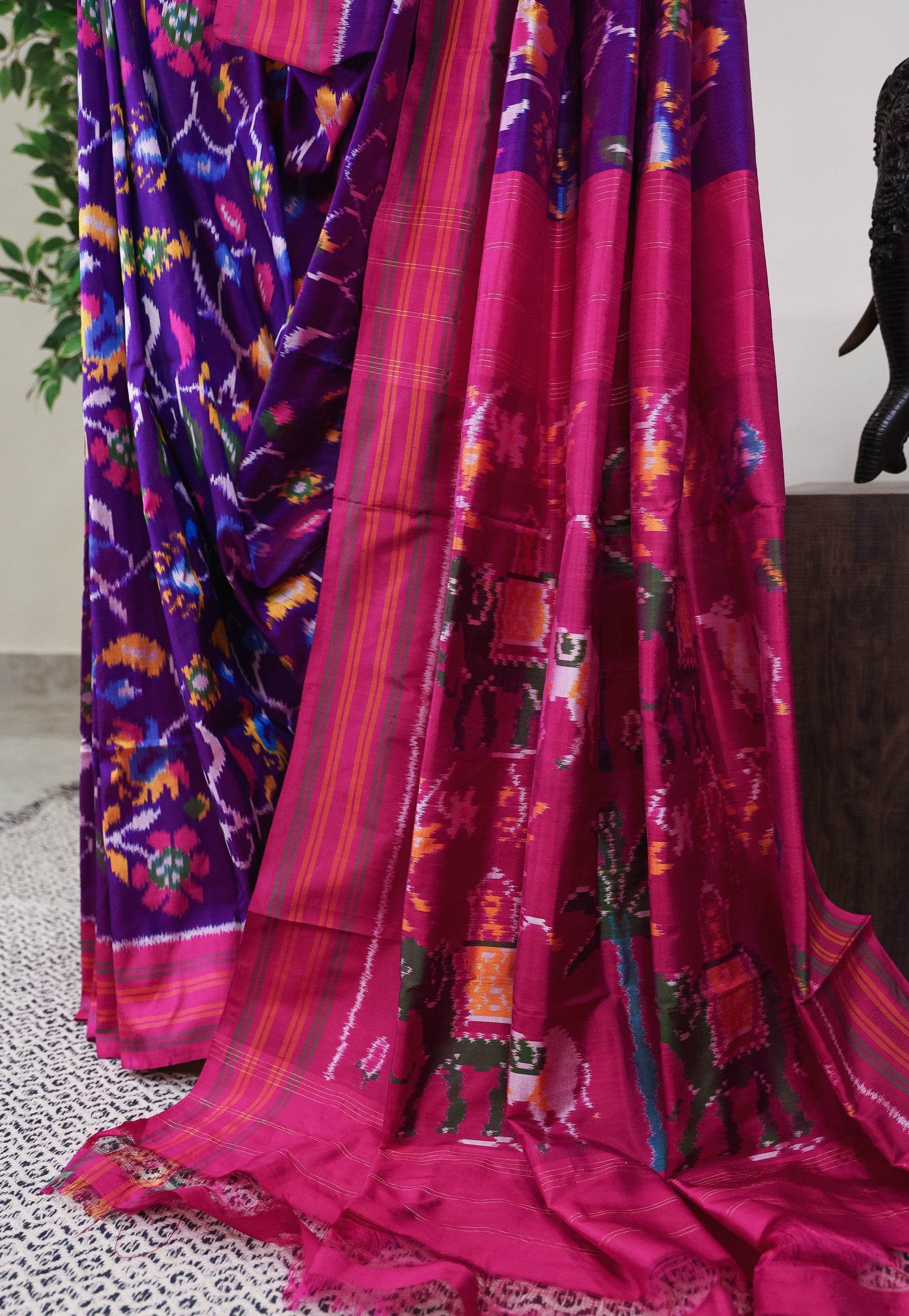 Purple Patola with Rani Pink Border Ikkat Silk Saree With Blouse Piece - Adi Akshoy & Co.