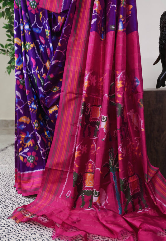 Purple Patola with Rani Pink Border Ikkat Silk Saree With Blouse Piece - Adi Akshoy & Co.